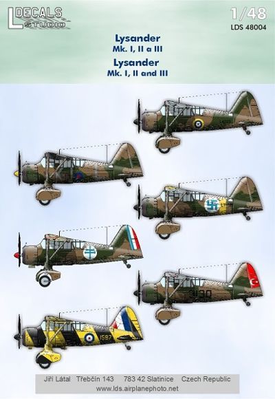 1:48 Decals Lysander Mk.I/II/III (6x camo)